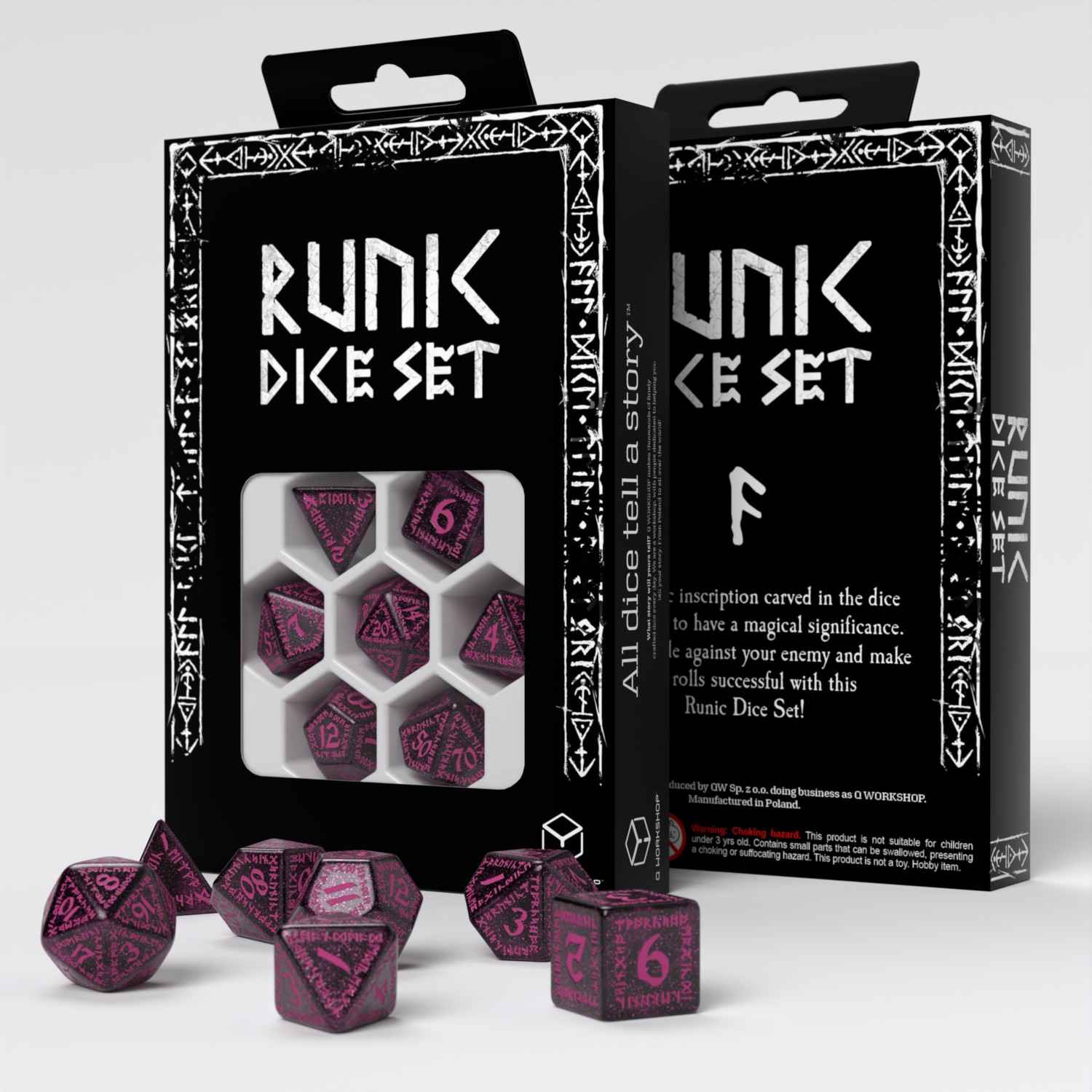 Q- WORKSHOP DICE SET RUNIC BLACK MAGENTA
